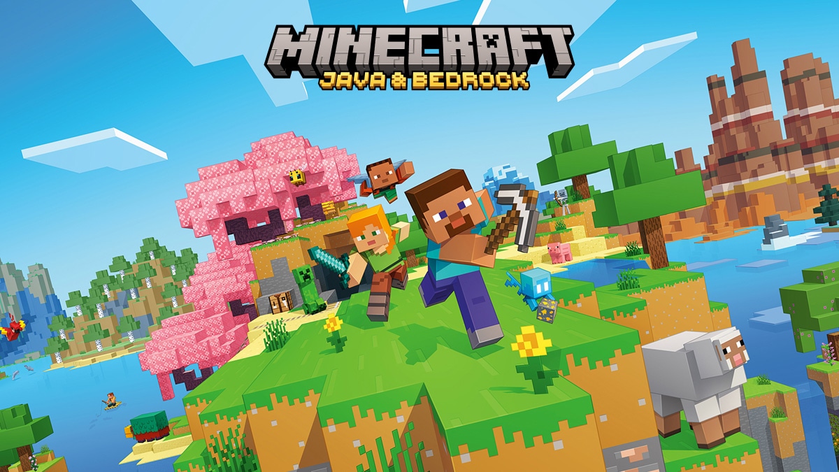 Steve and Alex run across a grassy hilltop, with varied mobs and biomes in every direction.