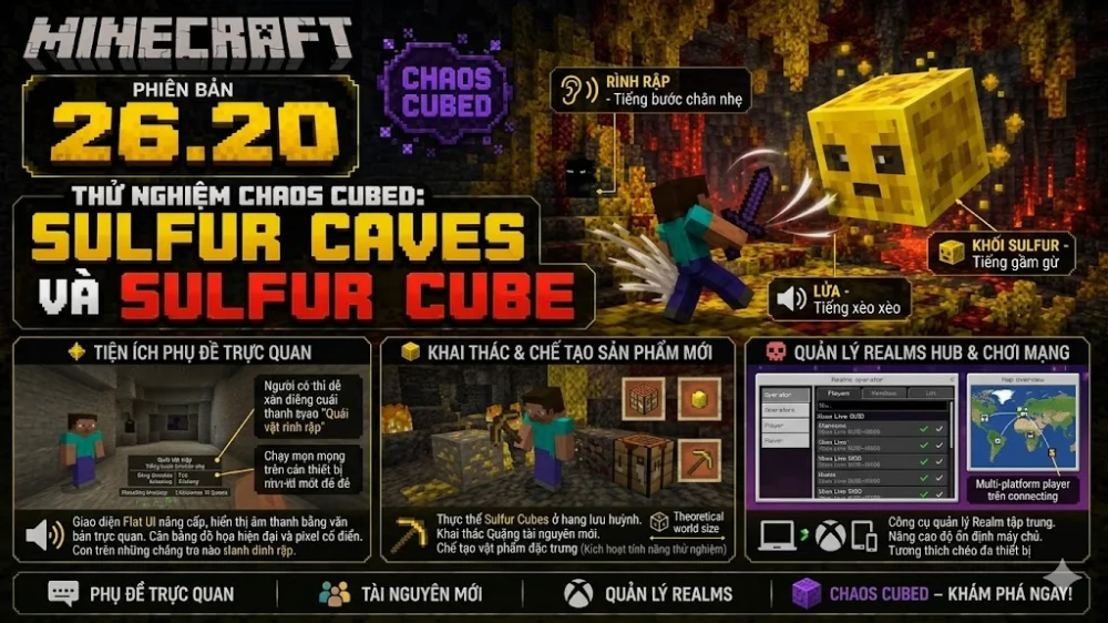 Cập nhật Minecraft PE 1.26.20: Thêm Sulfur Cubes, nâng cấp Realms Hub.